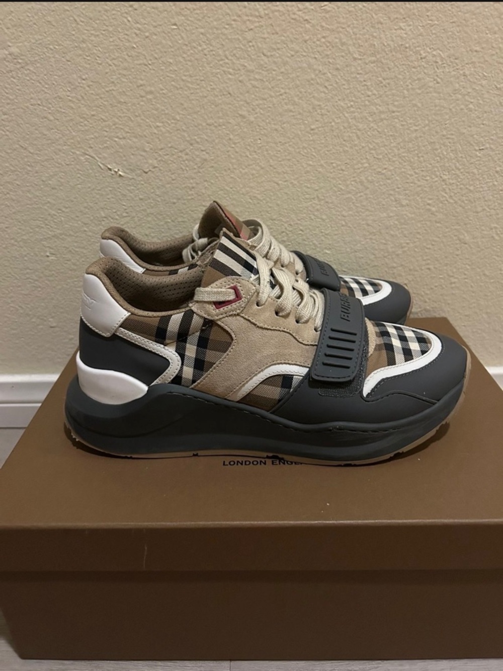 Burberry Beige, Black & White Check Runner Sneakers - Picture 2 of 6
